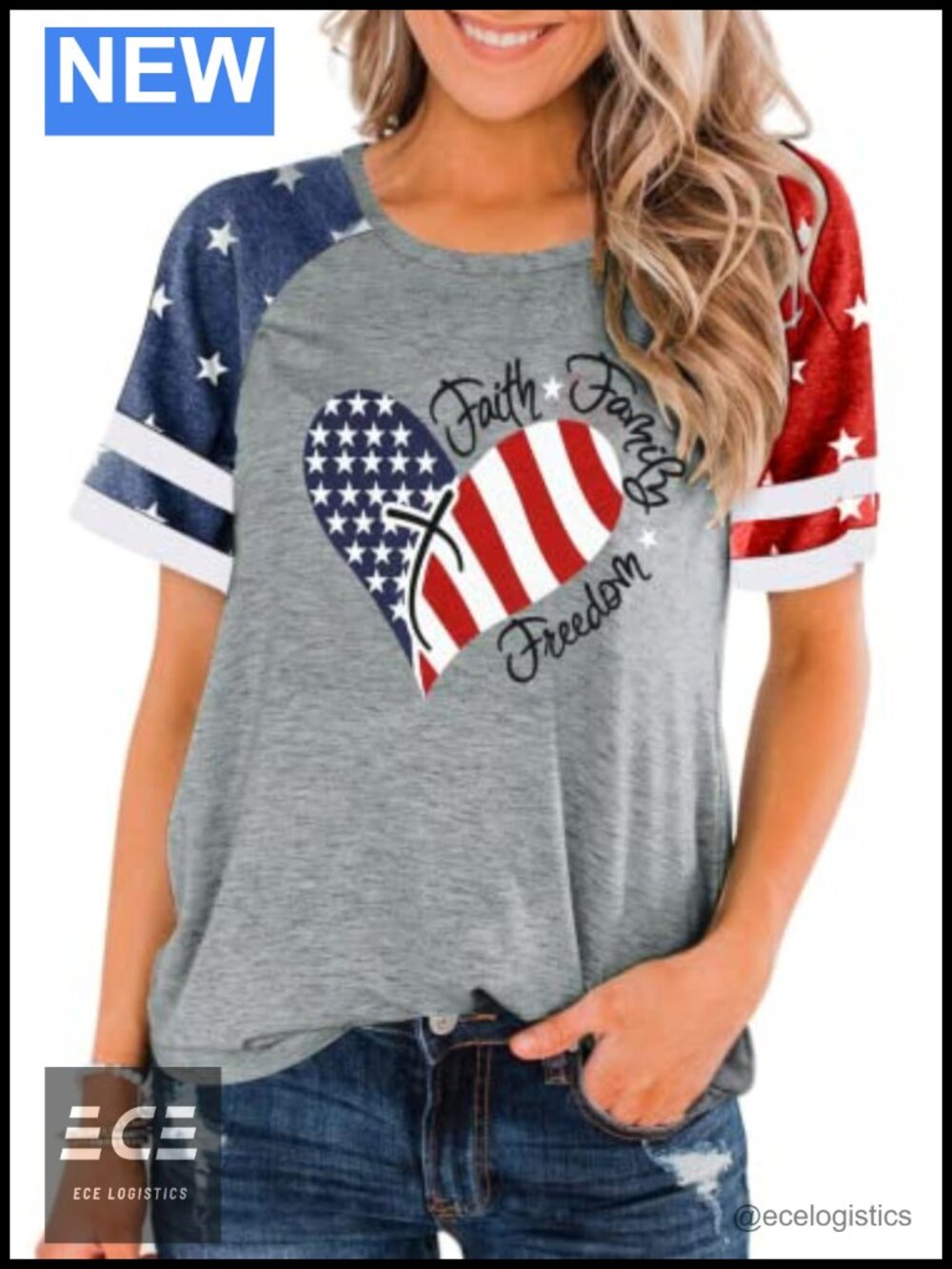 Patriotic American Flag Faith Family Freedom Graphic Tee Short Sleeve Women's